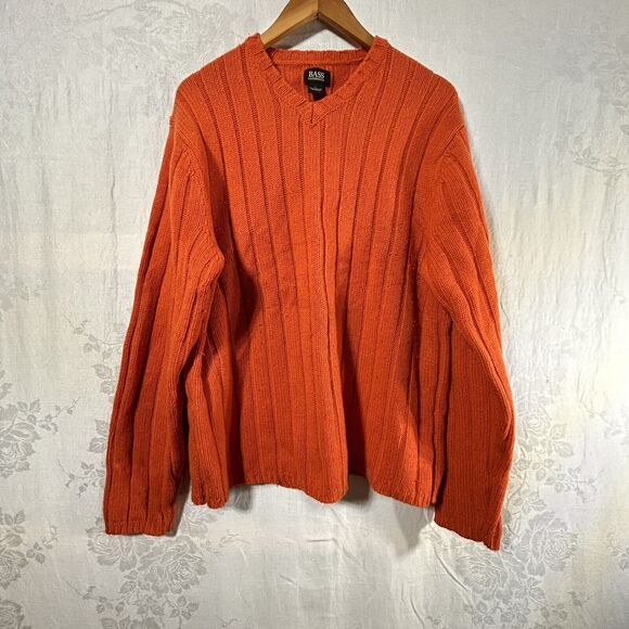 VINTAGE Sweater Large Orange LambsWool Blend V Neck Pullover Ribbed Bass - Picture 10 of 10